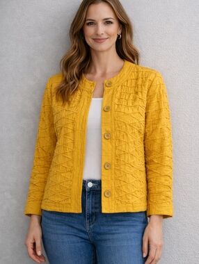 Chicos Blazer Woman's Size Medium Yellow Applique Cotton Button Up Lined